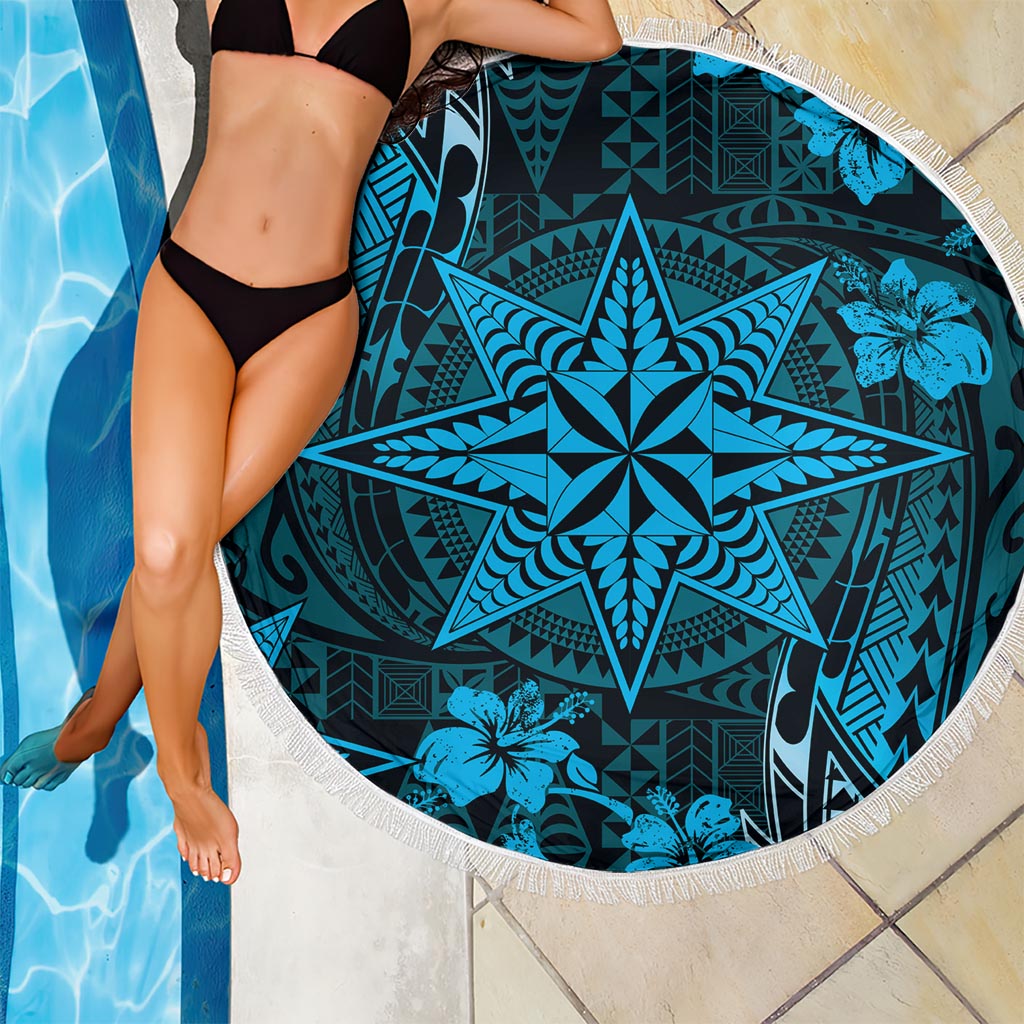 Vintage Tonga Tribal Ngatu Pattern Beach Blanket With Pacific Floral Aqua Art