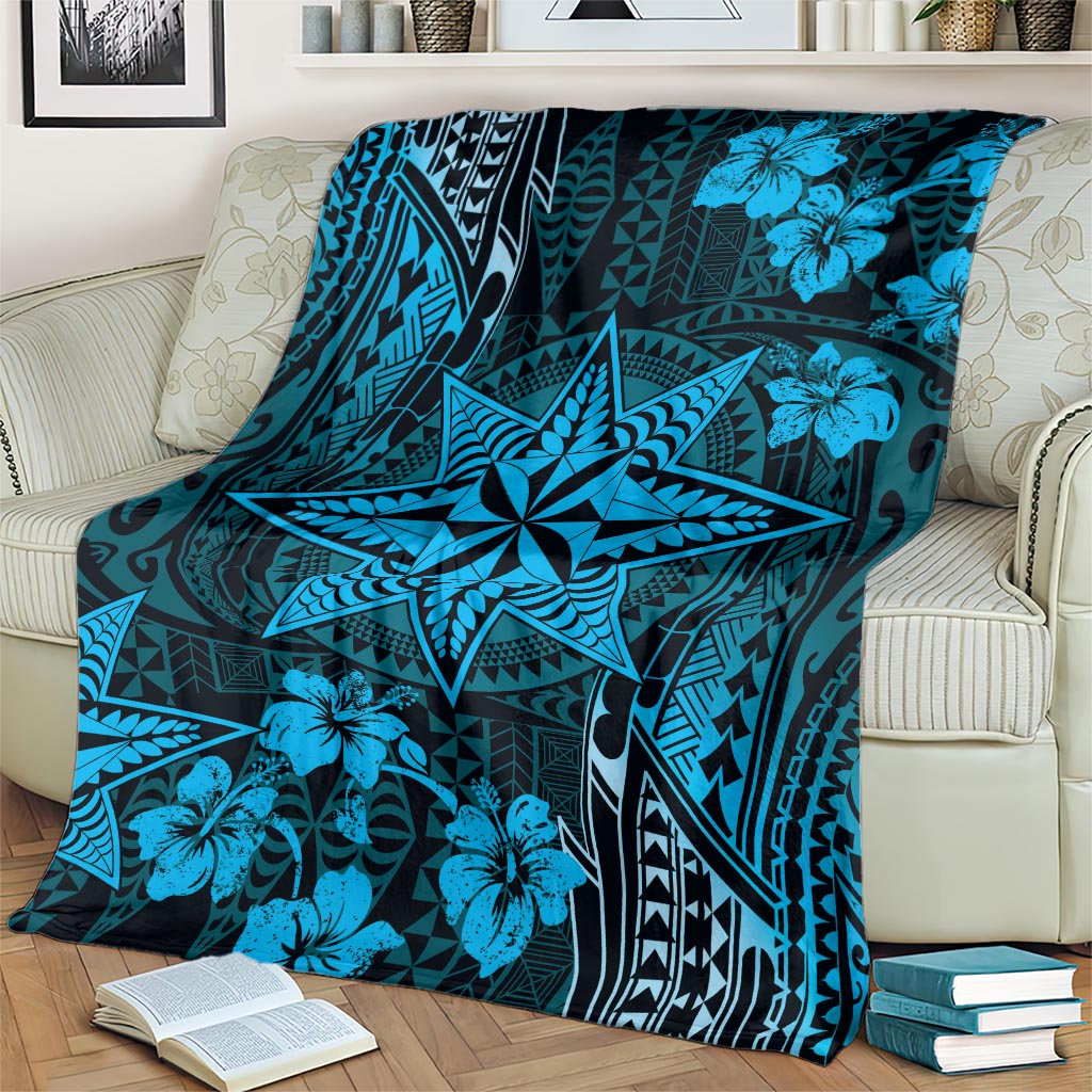 Vintage Tonga Tribal Ngatu Pattern Blanket With Pacific Floral Aqua Art