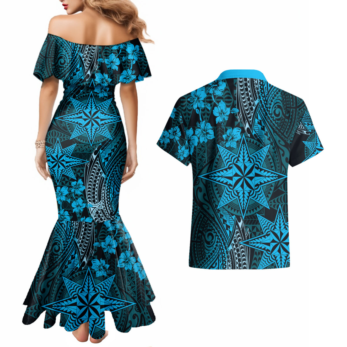 Vintage Tonga Tribal Ngatu Pattern Couples Matching Mermaid Dress and Hawaiian Shirt With Pacific Floral Aqua Art