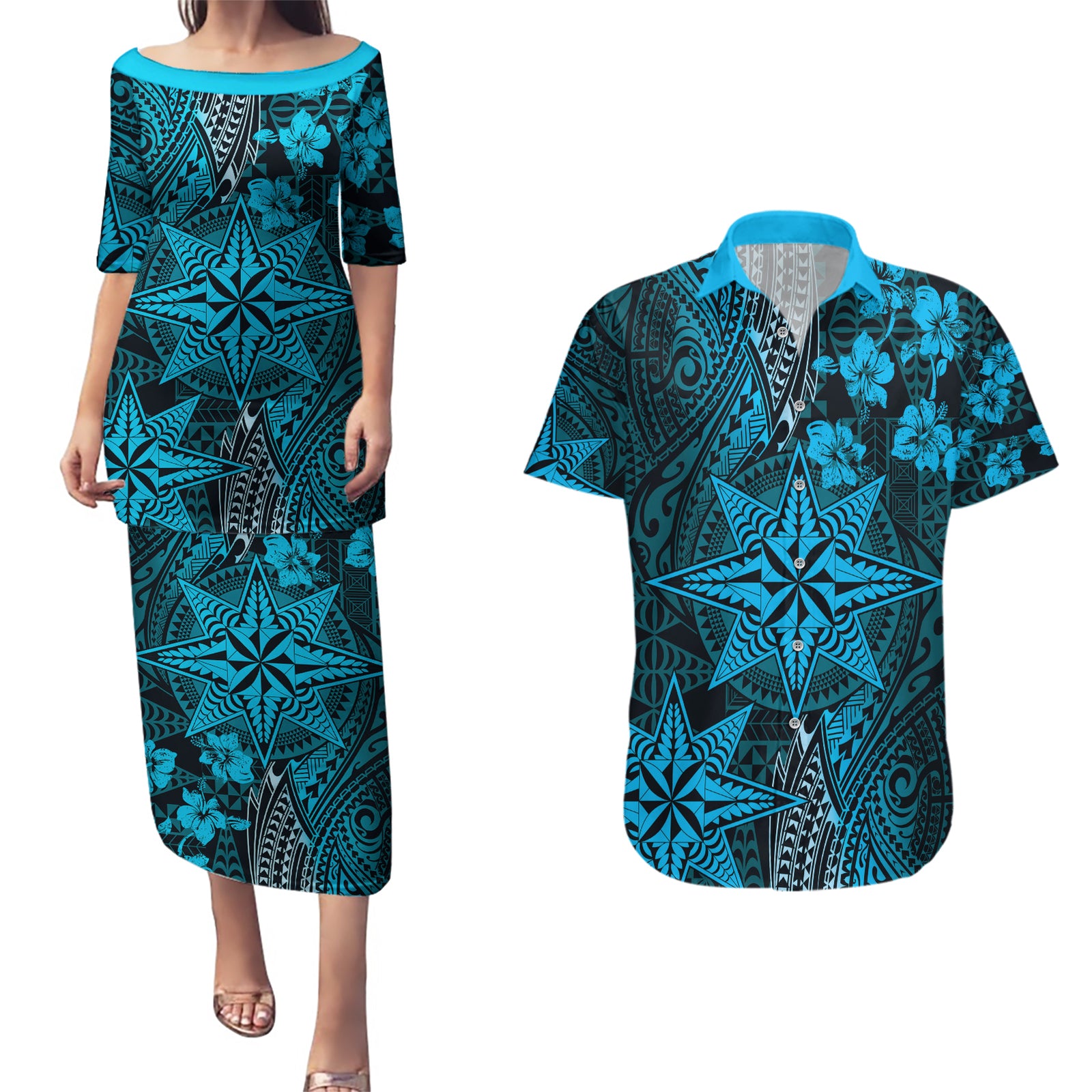 Vintage Tonga Tribal Ngatu Pattern Couples Matching Puletasi and Hawaiian Shirt With Pacific Floral Aqua Art