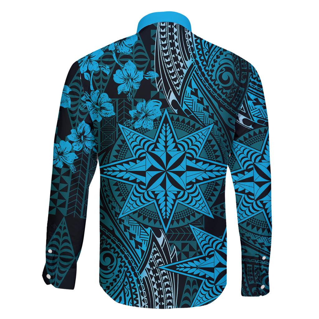 Vintage Tonga Tribal Ngatu Pattern Family Matching Long Sleeve Bodycon Dress and Hawaiian Shirt With Pacific Floral Aqua Art