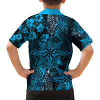 Vintage Tonga Tribal Ngatu Pattern Family Matching Off The Shoulder Long Sleeve Dress and Hawaiian Shirt With Pacific Floral Aqua Art