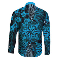 Vintage Tonga Tribal Ngatu Pattern Family Matching Off The Shoulder Long Sleeve Dress and Hawaiian Shirt With Pacific Floral Aqua Art