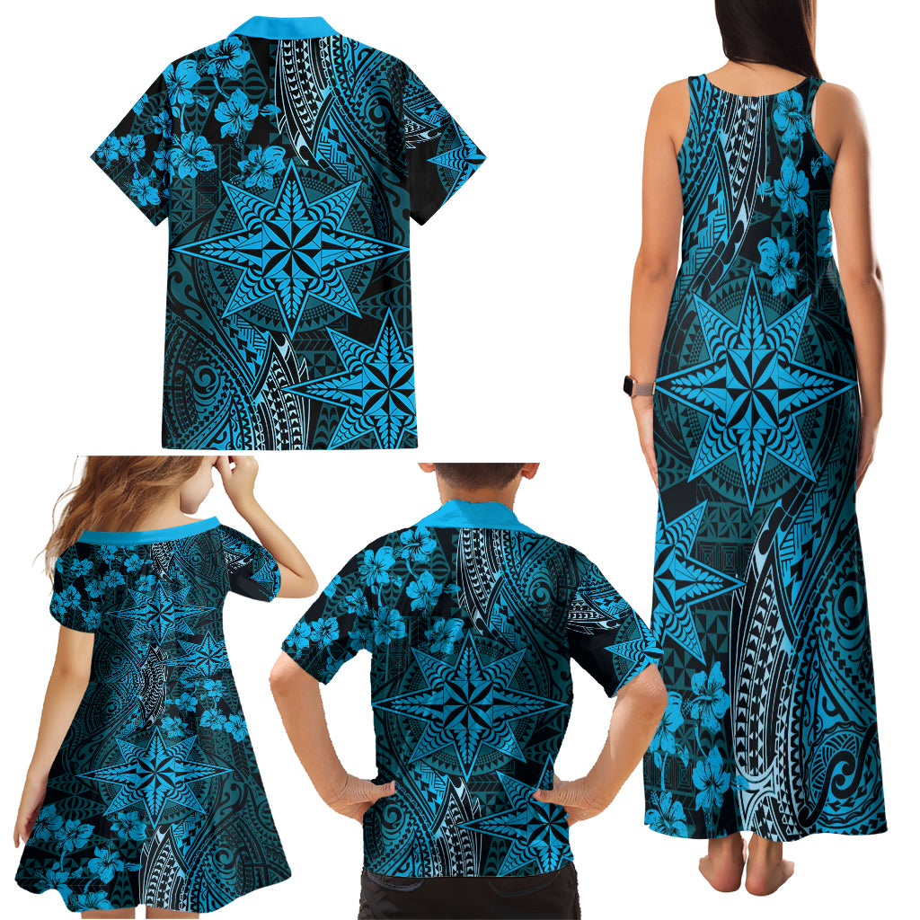 Vintage Tonga Tribal Ngatu Pattern Family Matching Tank Maxi Dress and Hawaiian Shirt With Pacific Floral Aqua Art