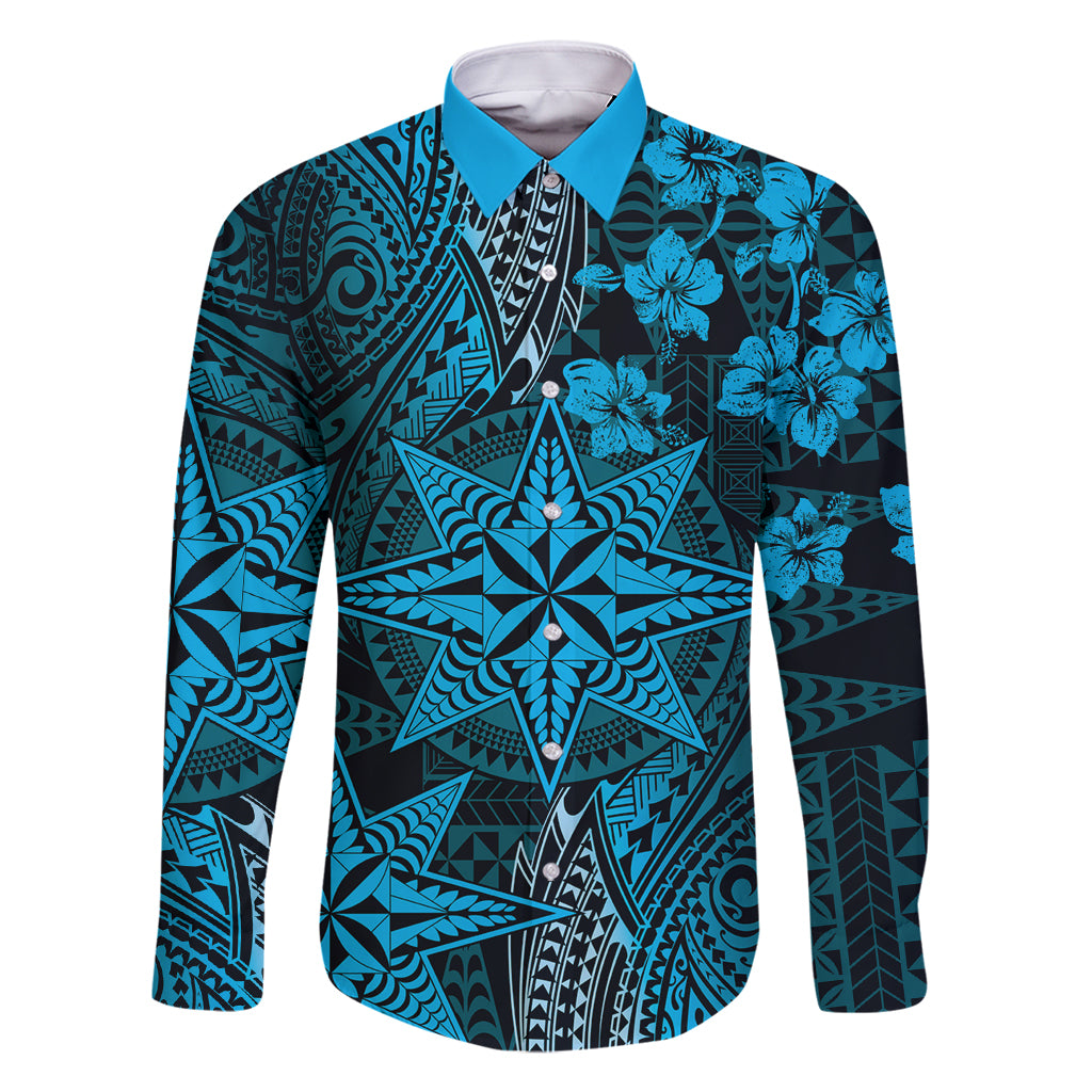 Vintage Tonga Tribal Ngatu Pattern Family Matching Tank Maxi Dress and Hawaiian Shirt With Pacific Floral Aqua Art