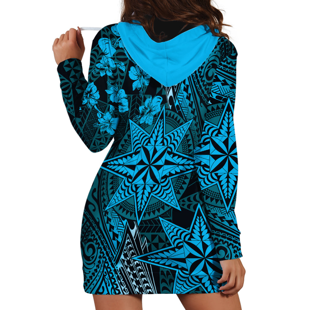 Vintage Tonga Tribal Ngatu Pattern Hoodie Dress With Pacific Floral Aqua Art