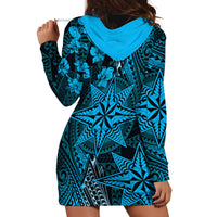 Vintage Tonga Tribal Ngatu Pattern Hoodie Dress With Pacific Floral Aqua Art