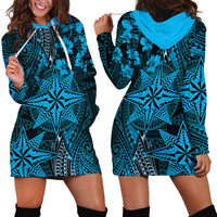 Vintage Tonga Tribal Ngatu Pattern Hoodie Dress With Pacific Floral Aqua Art