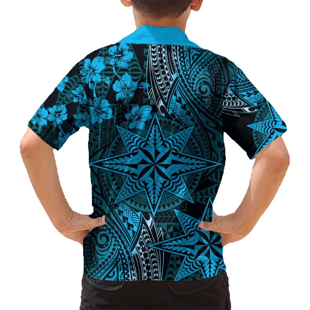 Vintage Tonga Tribal Ngatu Pattern Kid Hawaiian Shirt With Pacific Floral Aqua Art