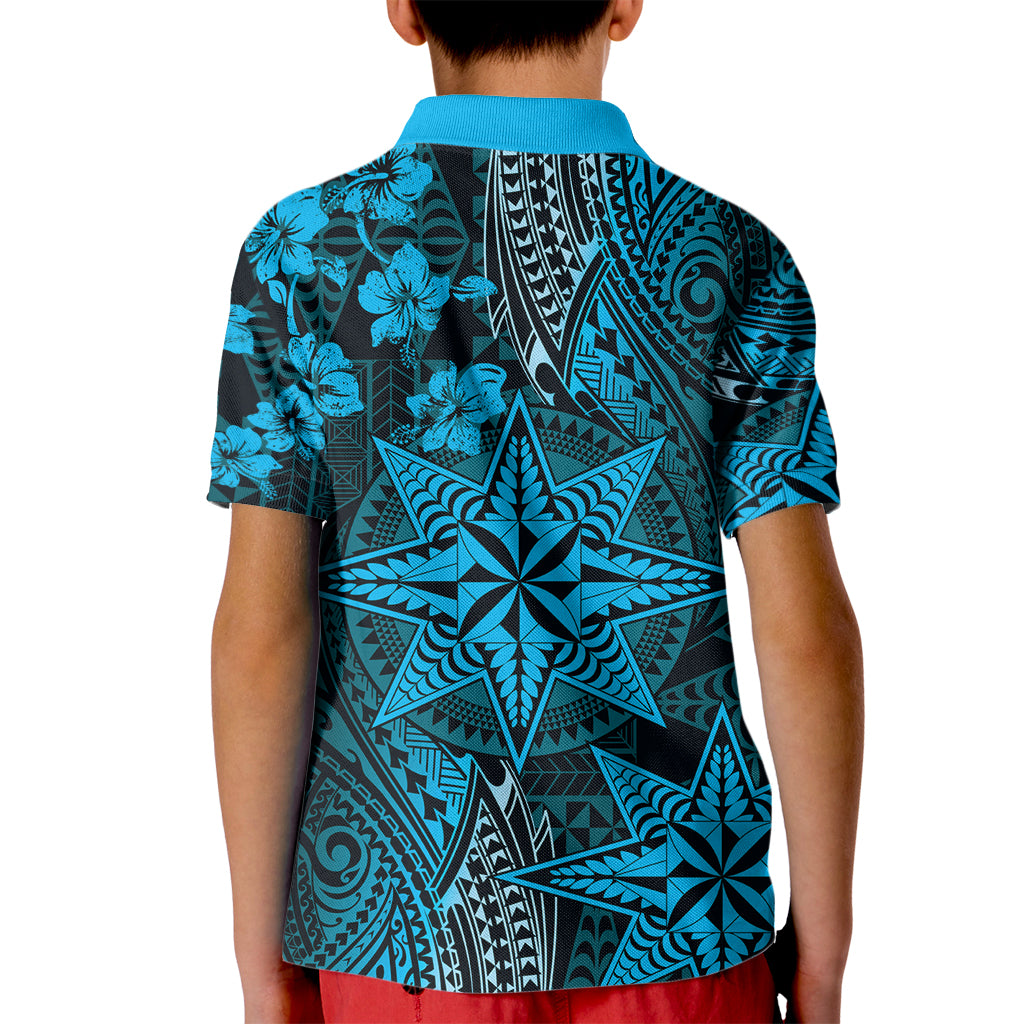 Vintage Tonga Tribal Ngatu Pattern Kid Polo Shirt With Pacific Floral Aqua Art