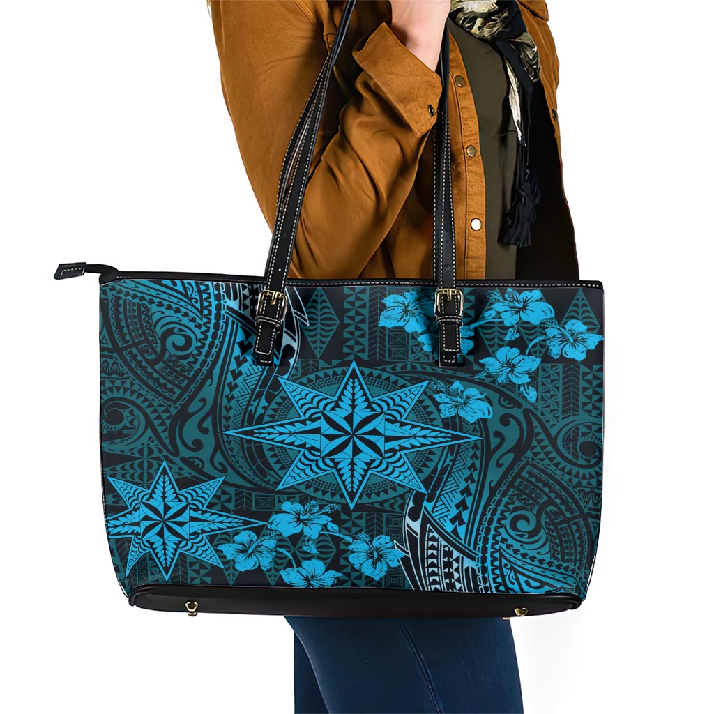 Vintage Tonga Tribal Ngatu Pattern Leather Tote Bag With Pacific Floral Aqua Art LT9 - Polynesian Pride