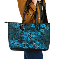 Vintage Tonga Tribal Ngatu Pattern Leather Tote Bag With Pacific Floral Aqua Art LT9 - Polynesian Pride