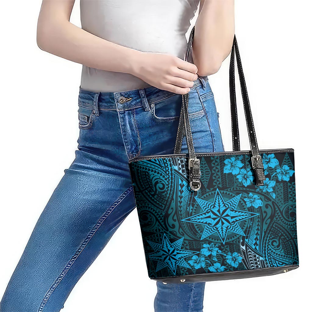 Vintage Tonga Tribal Ngatu Pattern Leather Tote Bag With Pacific Floral Aqua Art LT9 - Polynesian Pride