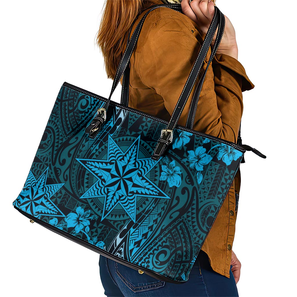 Vintage Tonga Tribal Ngatu Pattern Leather Tote Bag With Pacific Floral Aqua Art LT9 - Polynesian Pride