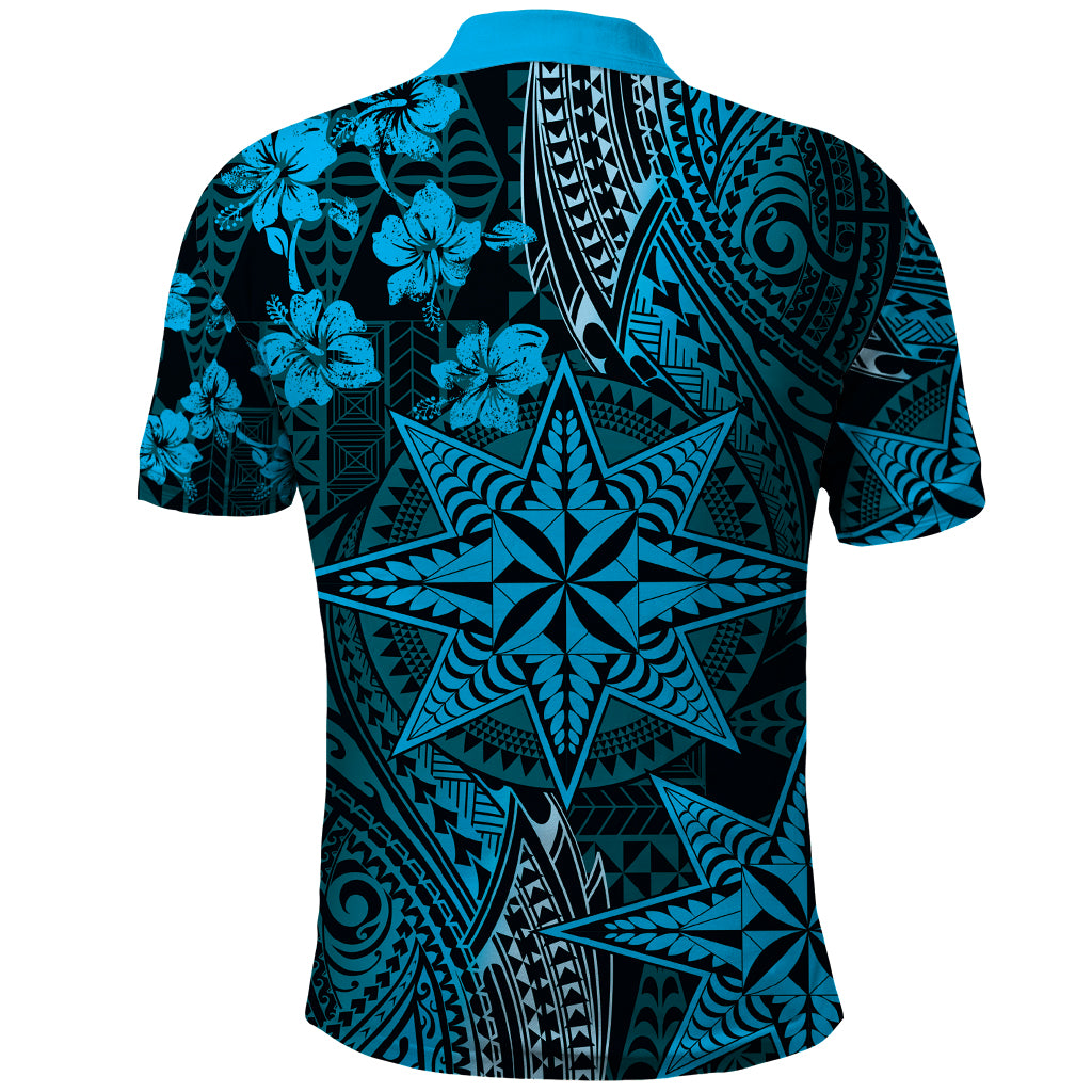 Vintage Tonga Tribal Ngatu Pattern Polo Shirt With Pacific Floral Aqua Art