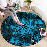 Vintage Tonga Tribal Ngatu Pattern Round Carpet With Pacific Floral Aqua Art LT9 - Polynesian Pride
