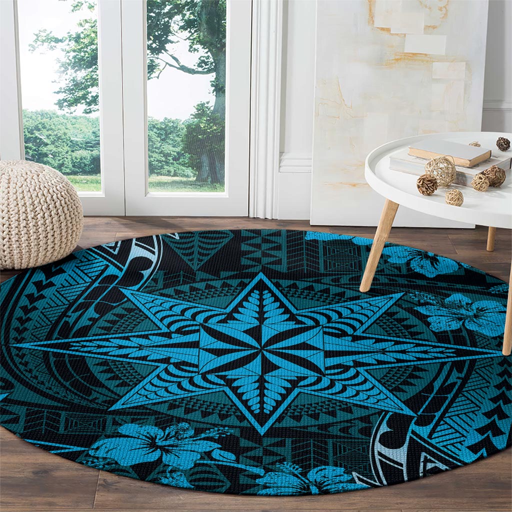 Vintage Tonga Tribal Ngatu Pattern Round Carpet With Pacific Floral Aqua Art LT9 - Polynesian Pride