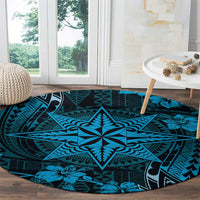 Vintage Tonga Tribal Ngatu Pattern Round Carpet With Pacific Floral Aqua Art LT9 - Polynesian Pride