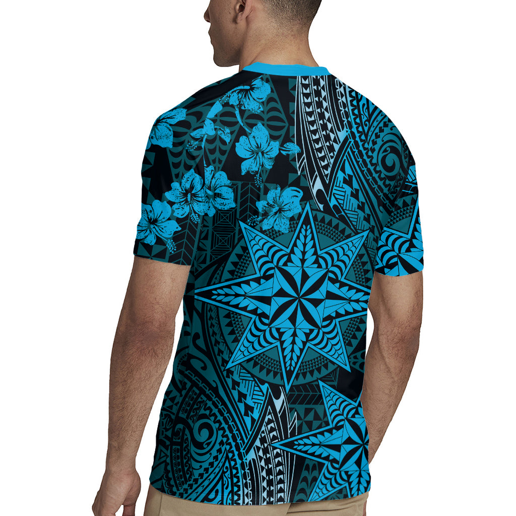 Vintage Tonga Tribal Ngatu Pattern Rugby Jersey With Pacific Floral Aqua Art