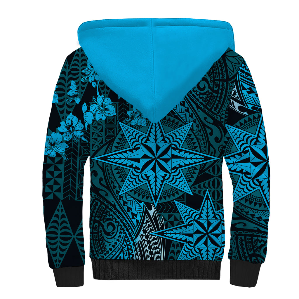 Vintage Tonga Tribal Ngatu Pattern Sherpa Hoodie With Pacific Floral Aqua Art