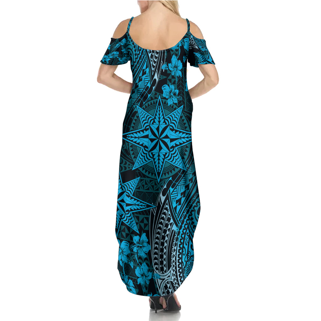 Vintage Tonga Tribal Ngatu Pattern Summer Maxi Dress With Pacific Floral Aqua Art