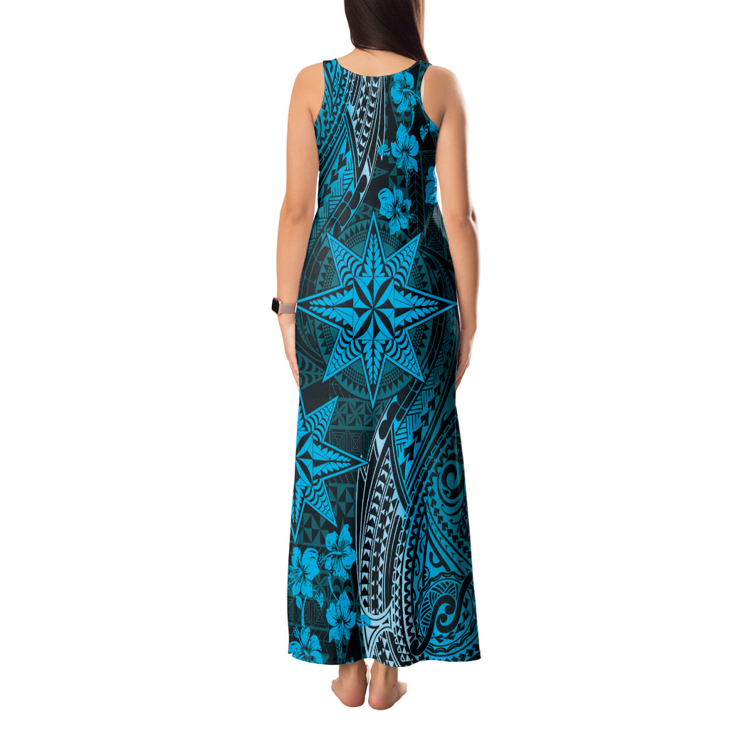 Vintage Tonga Tribal Ngatu Pattern Tank Maxi Dress With Pacific Floral Aqua Art