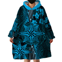 Vintage Tonga Tribal Ngatu Pattern Wearable Blanket Hoodie With Pacific Floral Aqua Art