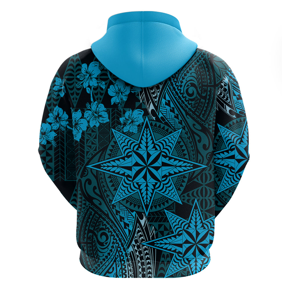 Vintage Tonga Tribal Ngatu Pattern Zip Hoodie With Pacific Floral Aqua Art