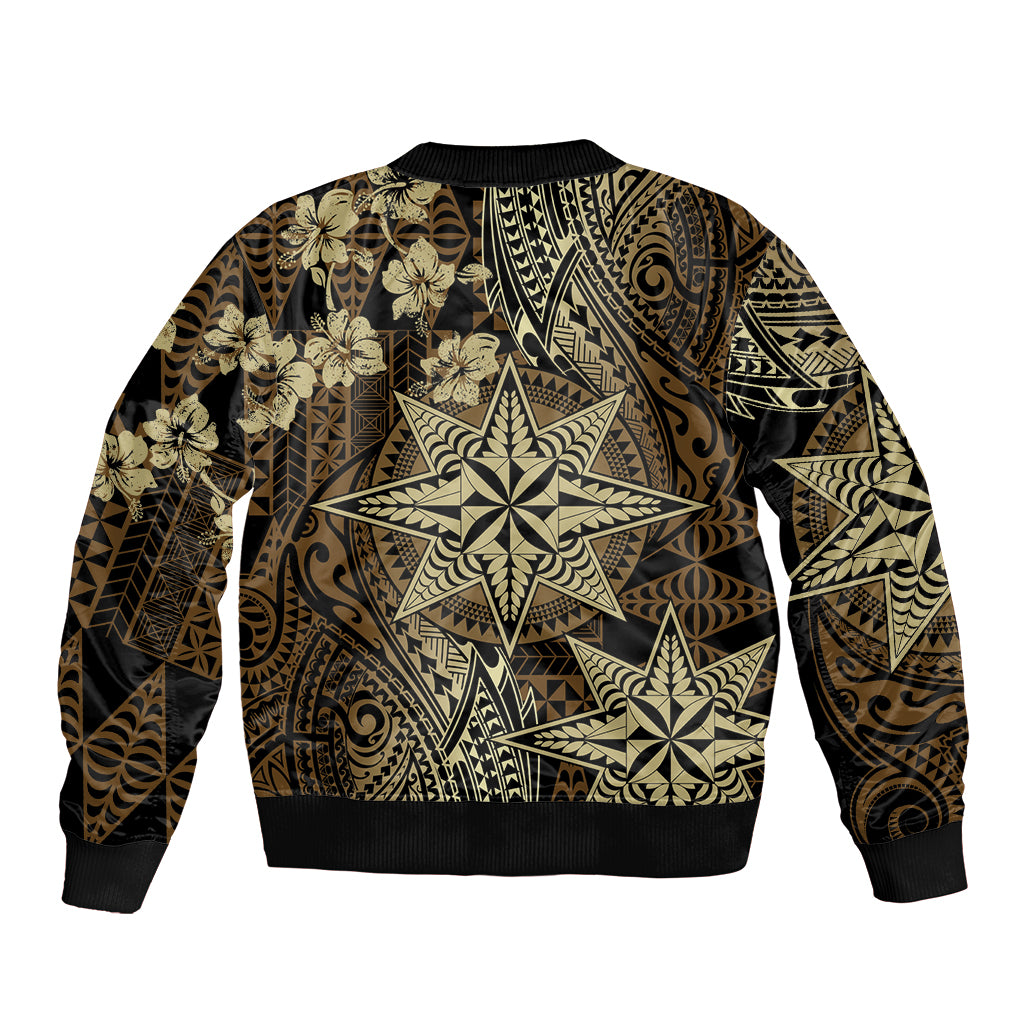 Vintage Tonga Tribal Ngatu Pattern Bomber Jacket With Pacific Floral Brown Art