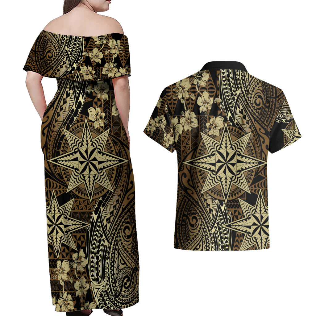 Vintage Tonga Tribal Ngatu Pattern Couples Matching Off Shoulder Maxi Dress and Hawaiian Shirt With Pacific Floral Brown Art