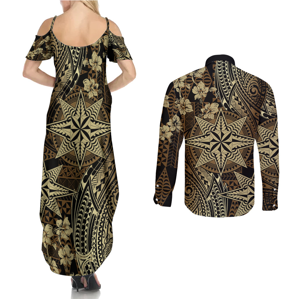 Vintage Tonga Tribal Ngatu Pattern Couples Matching Summer Maxi Dress and Long Sleeve Button Shirt With Pacific Floral Brown Art