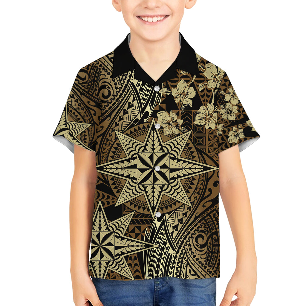 Vintage Tonga Tribal Ngatu Pattern Family Matching Long Sleeve Bodycon Dress and Hawaiian Shirt With Pacific Floral Brown Art