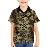 Vintage Tonga Tribal Ngatu Pattern Family Matching Off The Shoulder Long Sleeve Dress and Hawaiian Shirt With Pacific Floral Brown Art