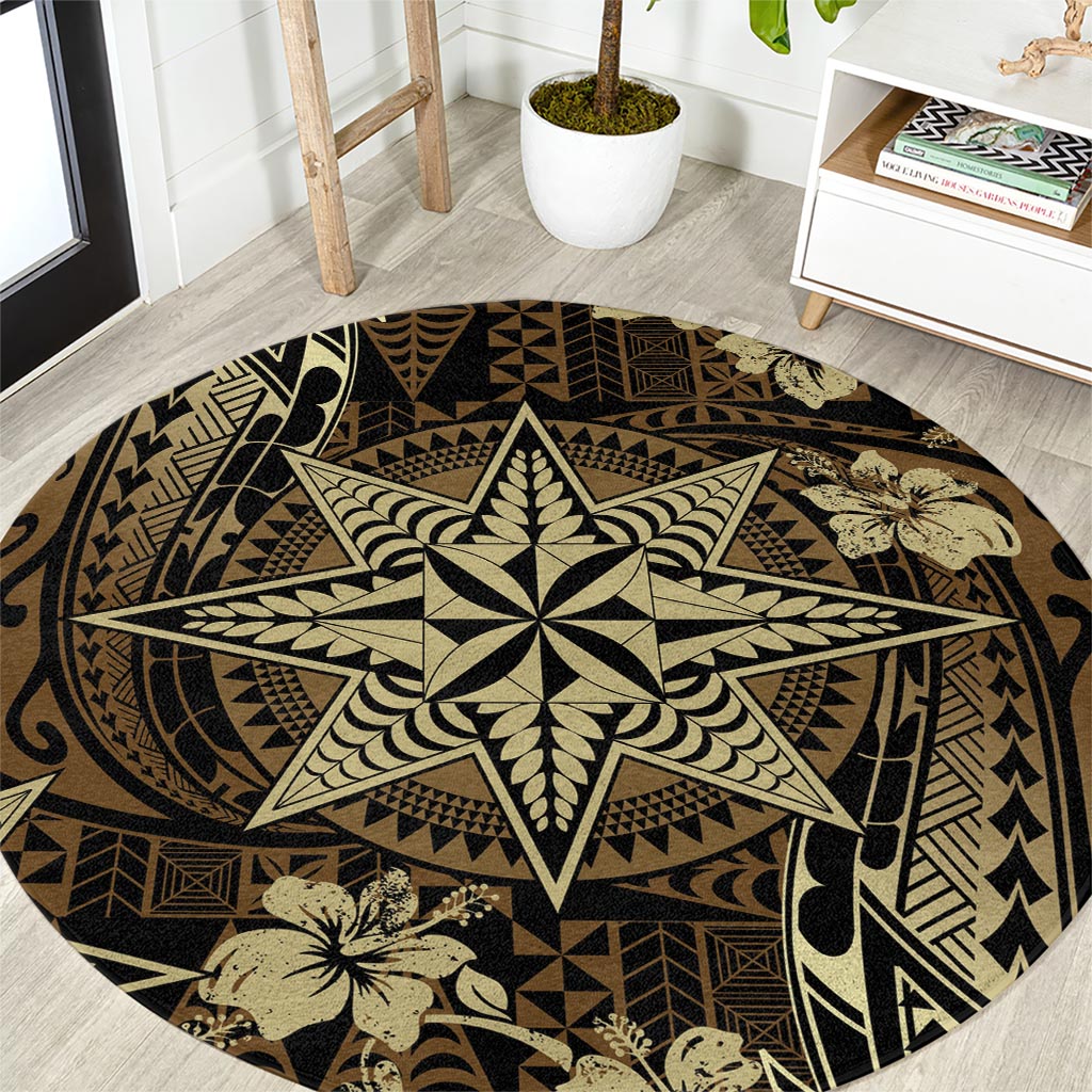 Vintage Tonga Tribal Ngatu Pattern Round Carpet With Pacific Floral Brown Art LT9 Brown - Polynesian Pride