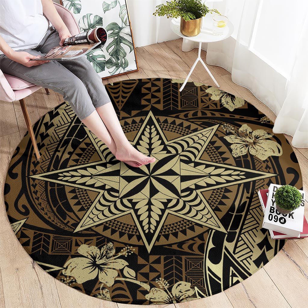 Vintage Tonga Tribal Ngatu Pattern Round Carpet With Pacific Floral Brown Art LT9 - Polynesian Pride