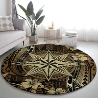 Vintage Tonga Tribal Ngatu Pattern Round Carpet With Pacific Floral Brown Art LT9 - Polynesian Pride