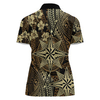 Vintage Tonga Tribal Ngatu Pattern Women Polo Shirt With Pacific Floral Brown Art