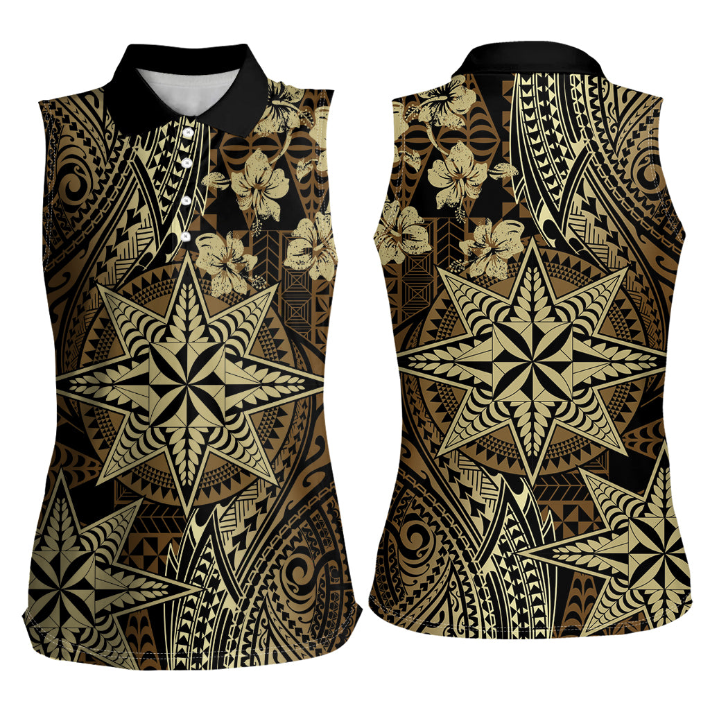 Vintage Tonga Tribal Ngatu Pattern Women Sleeveless Polo Shirt With Pacific Floral Brown Art