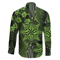 Vintage Tonga Tribal Ngatu Pattern Family Matching Long Sleeve Bodycon Dress and Hawaiian Shirt With Pacific Floral Lime Green Art