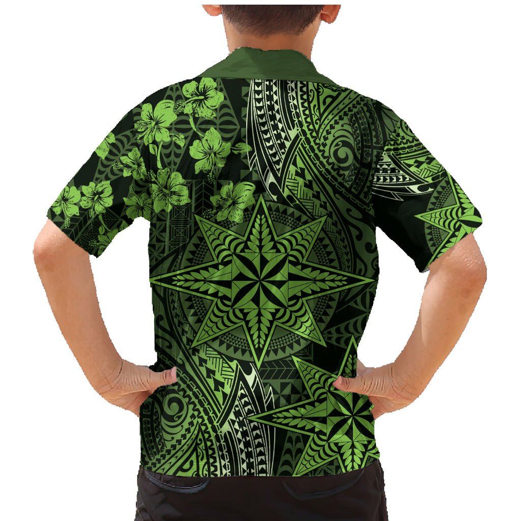Vintage Tonga Tribal Ngatu Pattern Family Matching Mermaid Dress and Hawaiian Shirt With Pacific Floral Lime Green Art