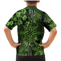 Vintage Tonga Tribal Ngatu Pattern Family Matching Mermaid Dress and Hawaiian Shirt With Pacific Floral Lime Green Art