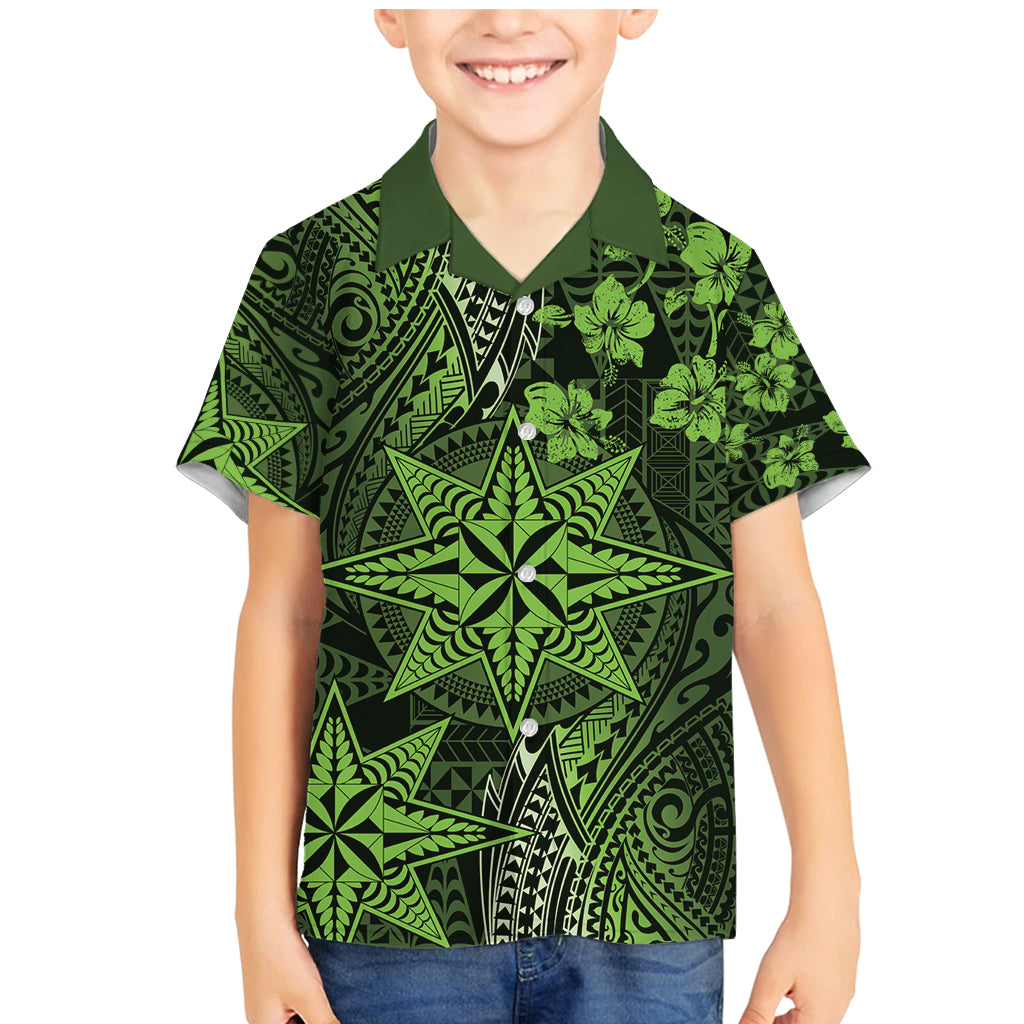 Vintage Tonga Tribal Ngatu Pattern Family Matching Mermaid Dress and Hawaiian Shirt With Pacific Floral Lime Green Art