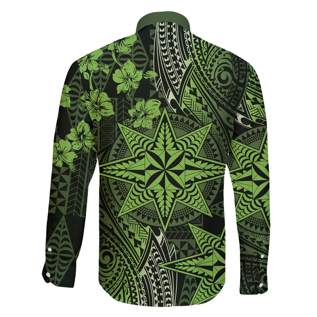 Vintage Tonga Tribal Ngatu Pattern Family Matching Off Shoulder Maxi Dress and Hawaiian Shirt With Pacific Floral Lime Green Art