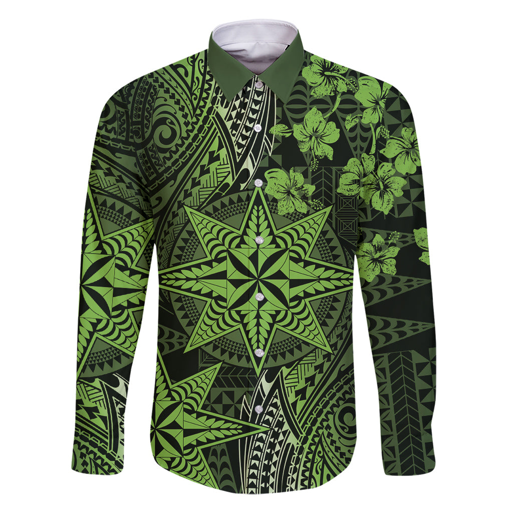 Vintage Tonga Tribal Ngatu Pattern Family Matching Summer Maxi Dress and Hawaiian Shirt With Pacific Floral Lime Green Art