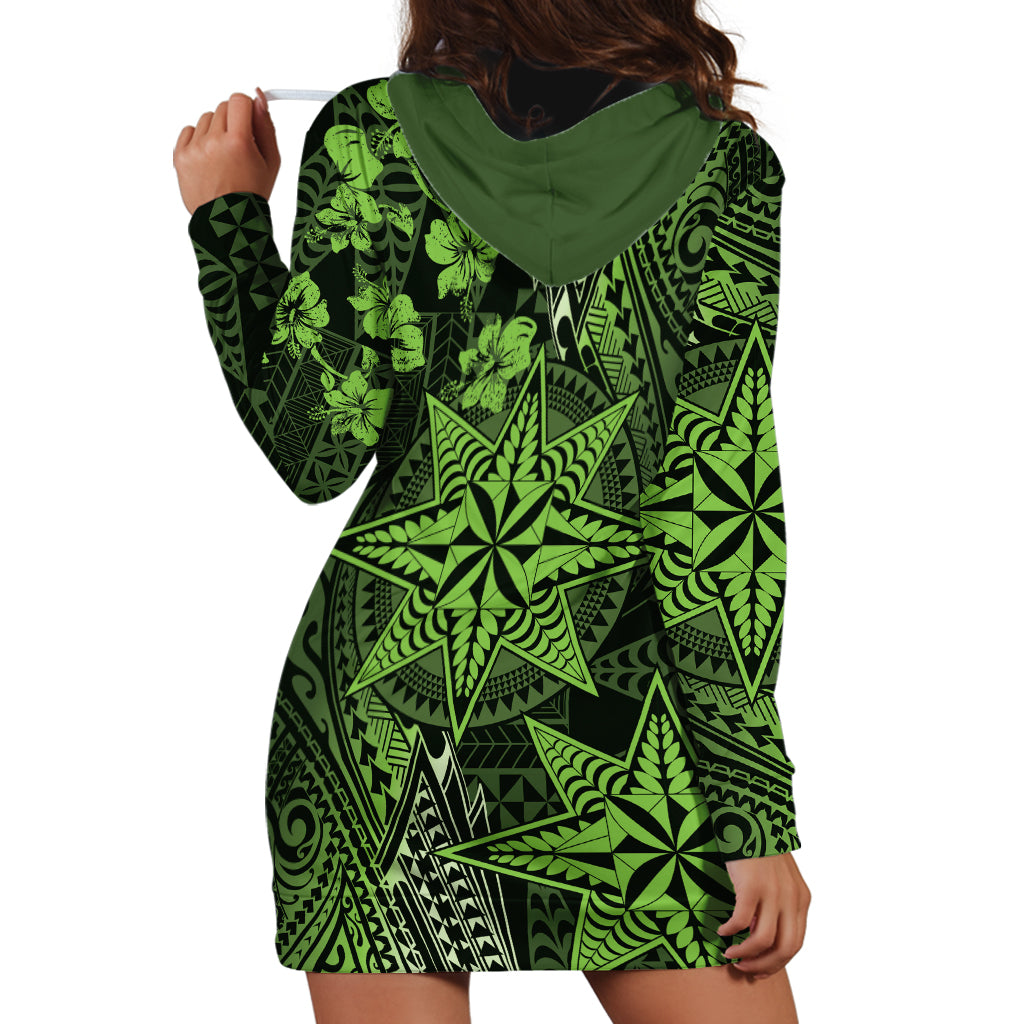 Vintage Tonga Tribal Ngatu Pattern Hoodie Dress With Pacific Floral Lime Green Art Vintage Tonga Tribal Ngatu Pattern Hoodie Dress With Pacific Floral Lime Green Art