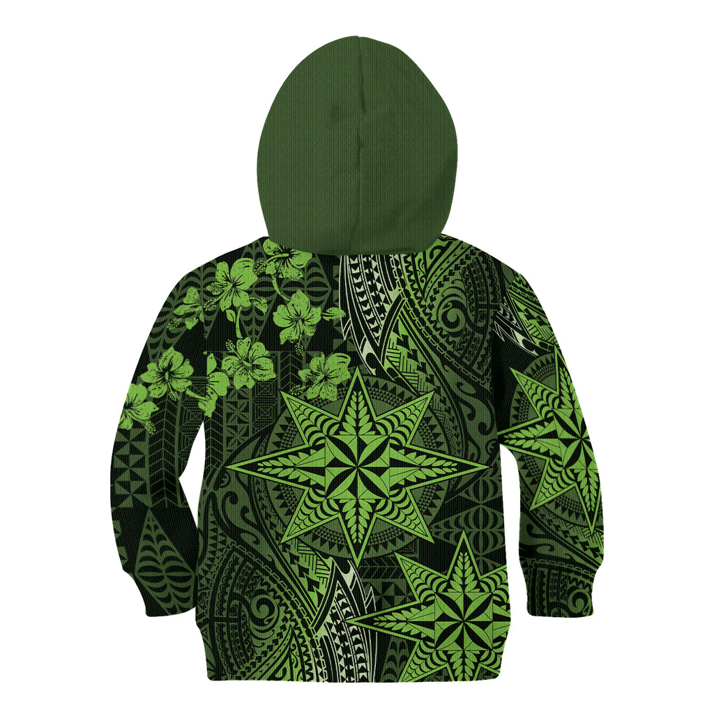 Vintage Tonga Tribal Ngatu Pattern Kid Hoodie With Pacific Floral Lime Green Art
