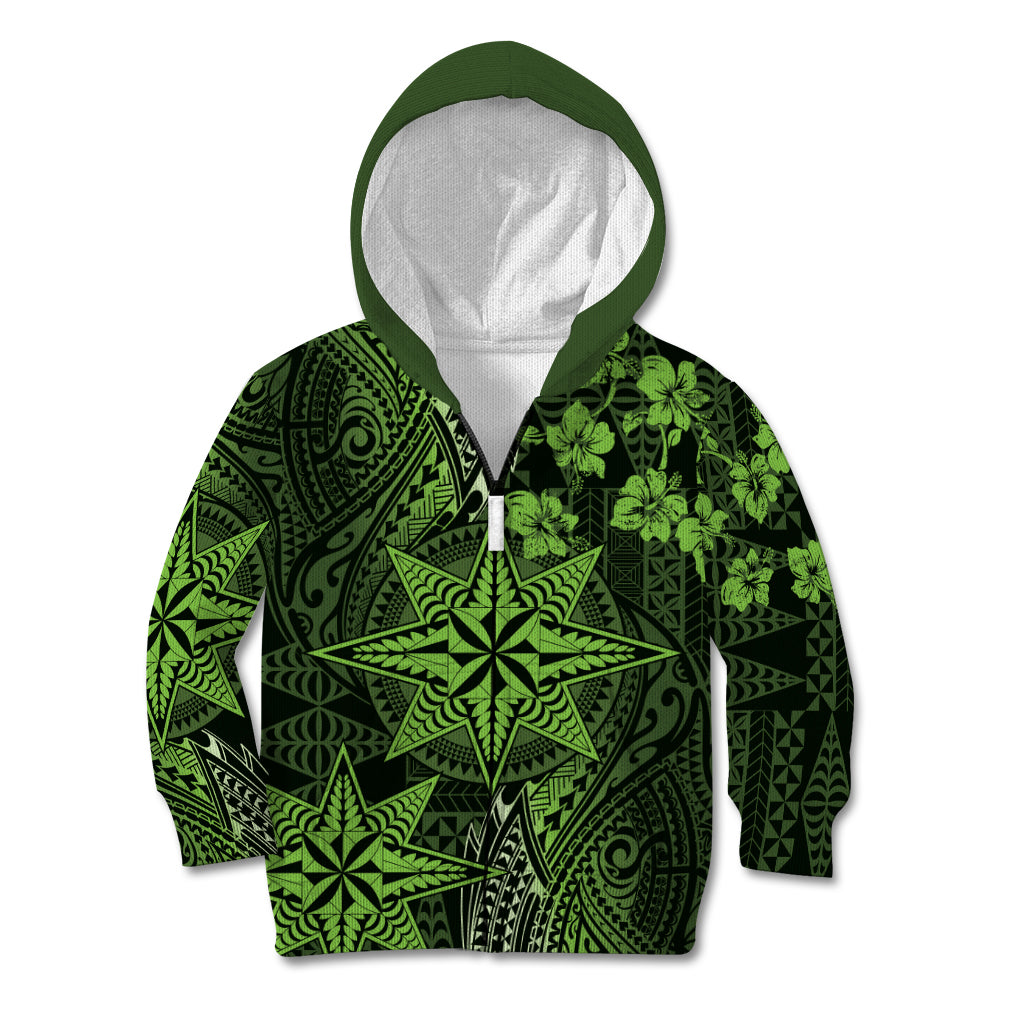 Vintage Tonga Tribal Ngatu Pattern Kid Hoodie With Pacific Floral Lime Green Art