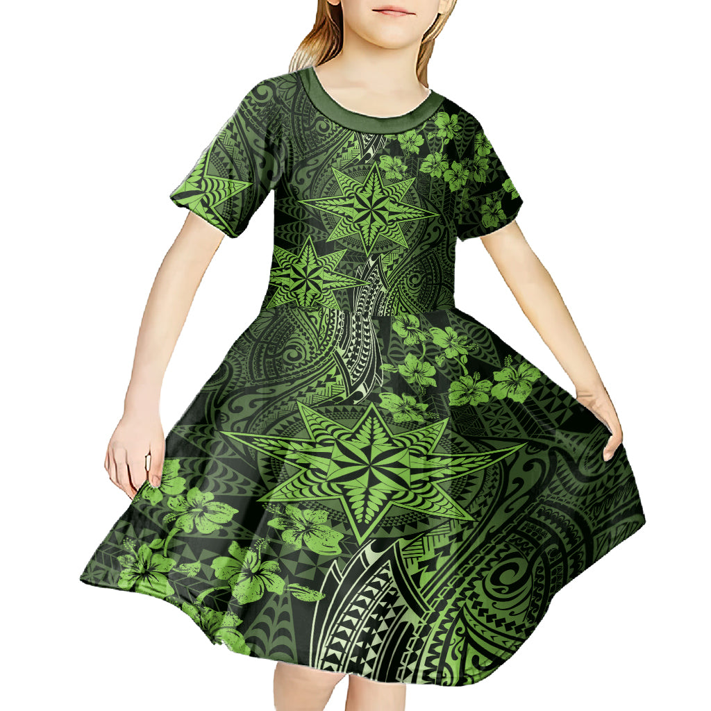 Vintage Tonga Tribal Ngatu Pattern Kid Short Sleeve Dress With Pacific Floral Lime Green Art