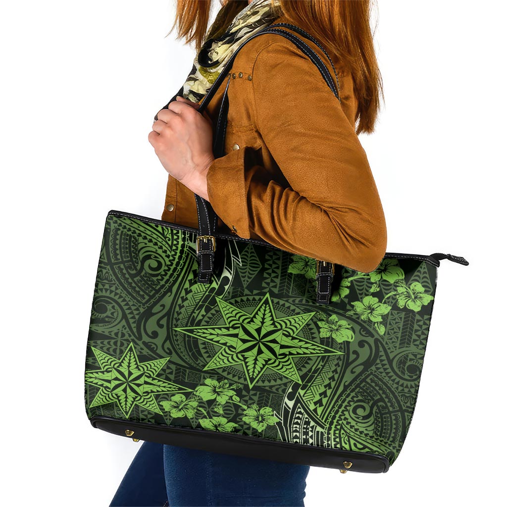 Vintage Tonga Tribal Ngatu Pattern Leather Tote Bag With Pacific Floral Lime Green Art LT9 Lime Green - Polynesian Pride