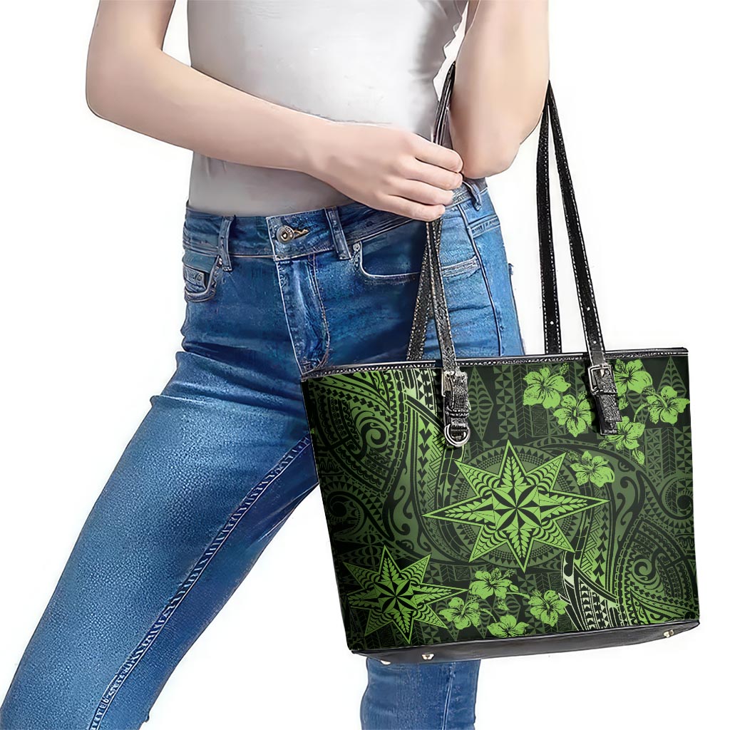 Vintage Tonga Tribal Ngatu Pattern Leather Tote Bag With Pacific Floral Lime Green Art LT9 - Polynesian Pride